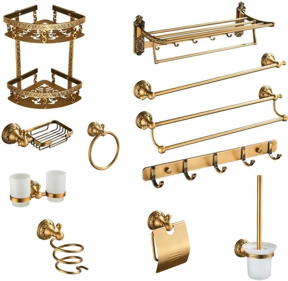 LSLYTQ Antique Brass Bathroom Accessories Set, Towel Shelf Towel Bar, Cup Holders, Hair Dryer Rack, Tissue Holder, Roll Paper Holder, Soap Dish