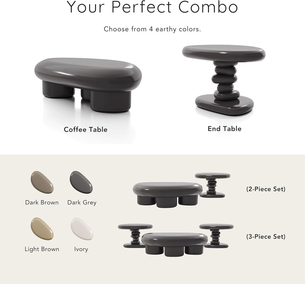 24/7 Shop at Home Kavren Modern 37-inch 2-Piece Oval Glossy Low Profile Coffee Table Set, Stone Shape Living Room Furniture for Small Space, Ivory