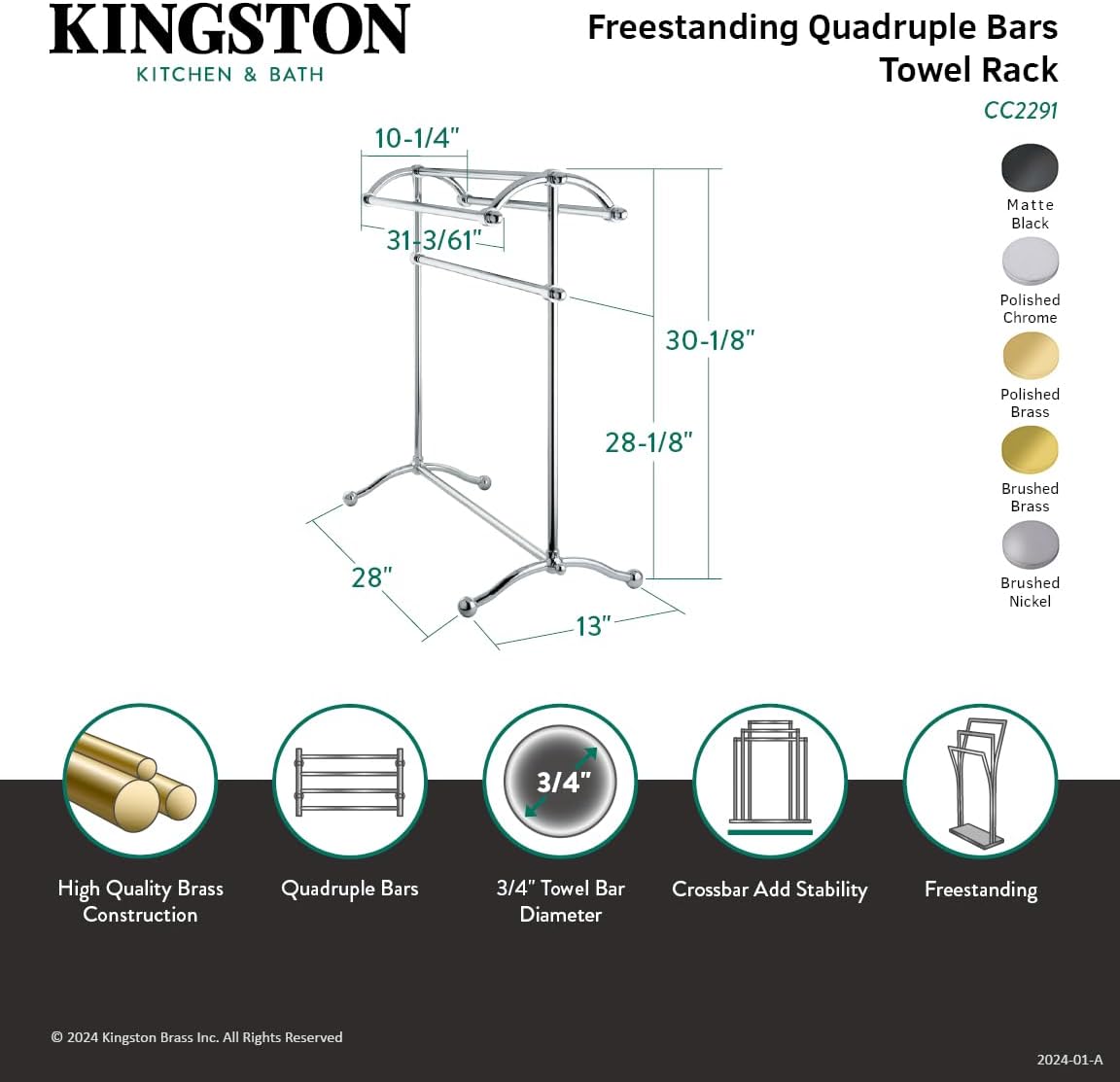 Kingston Brass CC2290 Vintage 30-Inch Freestanding Towel Rack, Matte Black