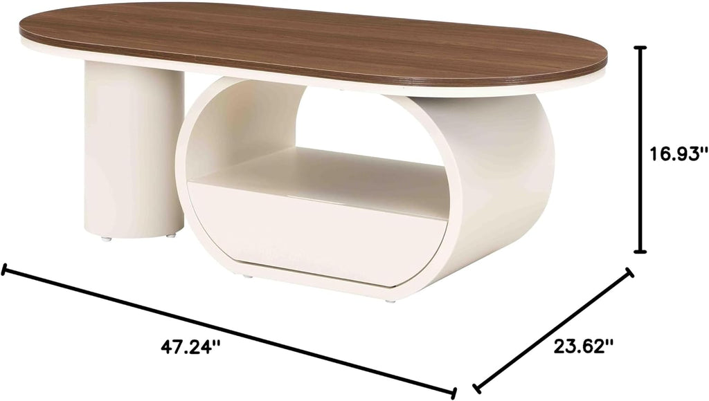 Coffee Table of 2,Oval Central Table with Wood/Marble Grain Top and Drawer,Modern Tea Table for Living Room Bedroom