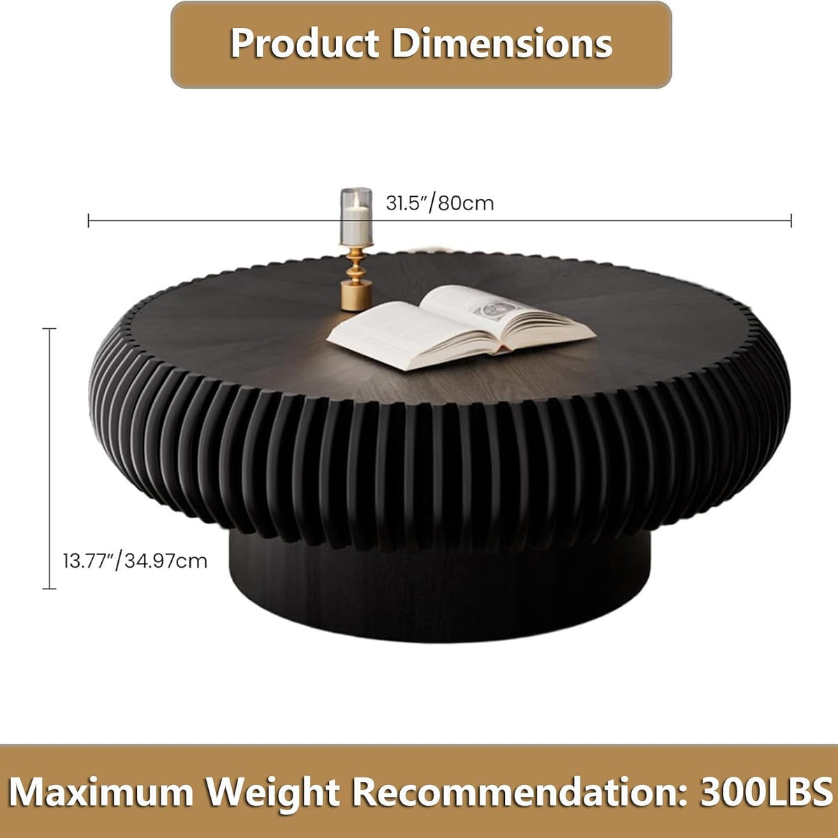 Round Handcraft Fluted Coffee Table with Sturdy Stable Pedestal Modern Luxury Drum Center Table Circle Accent Base Center Tables for Living Room Apartment (N)
