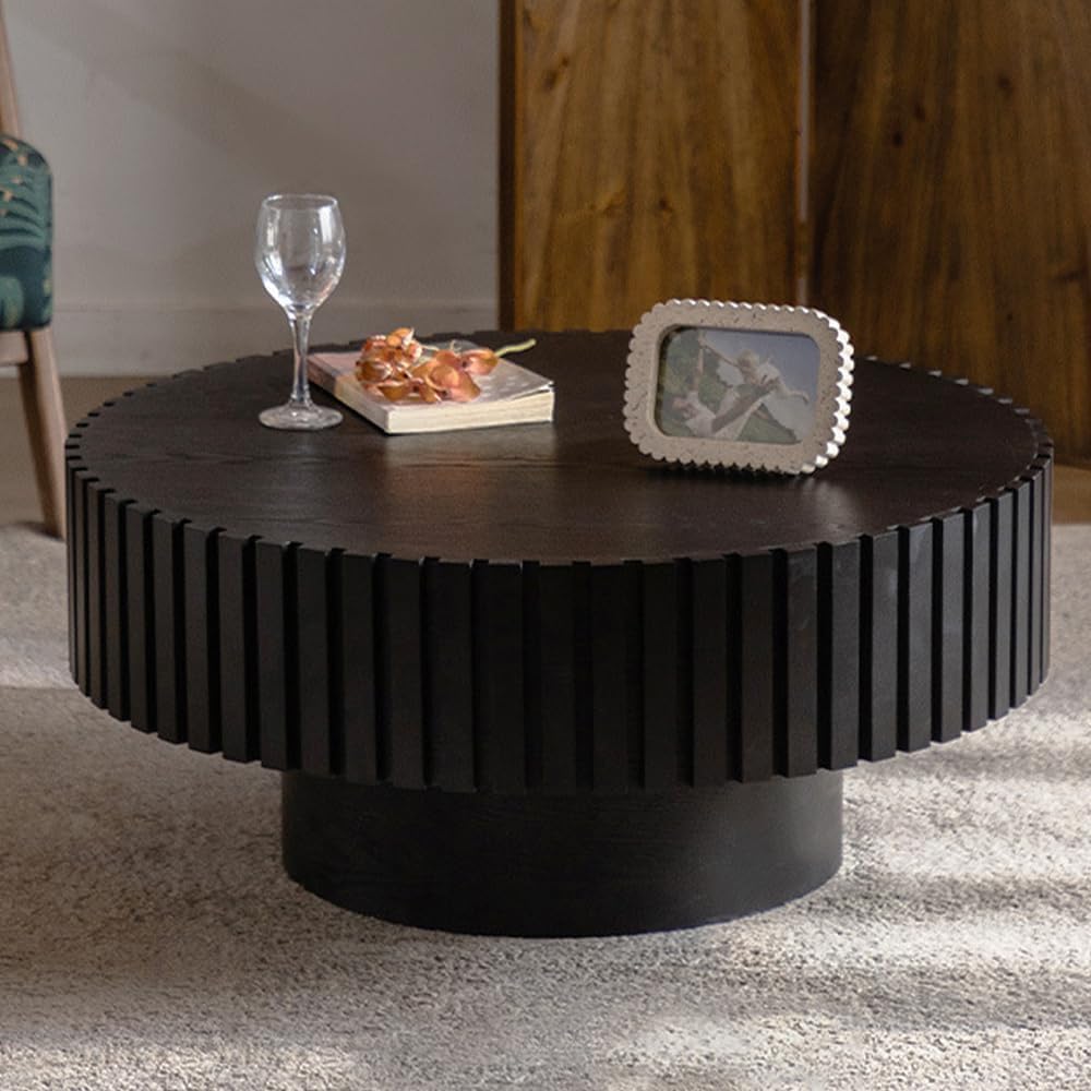 WXFKLDJ Round Drum Coffee Table Black Round Fluted Coffee Table Wood Circle Center Table Pedestal End Table for Apartment Living Room (Black Round)