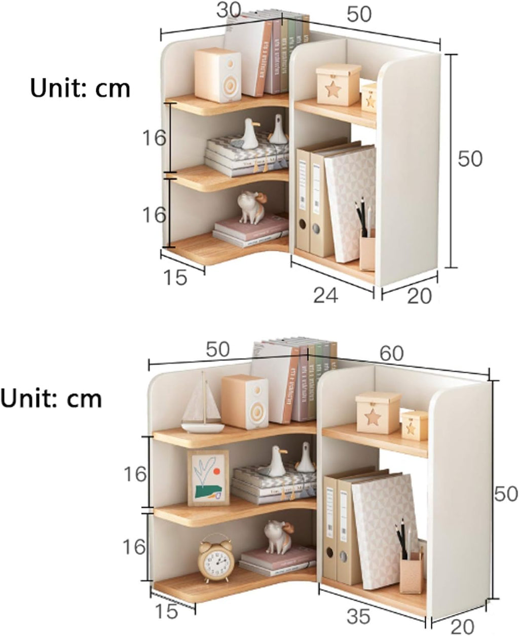 Bookshelf 3 Tier Desktop Bookshelf Wood Desktop Organizer Freestanding Countertop Bookcase Office Kitchen Corner Shelf Unit ，White+Log Color Bookcase Bookcase freestanding