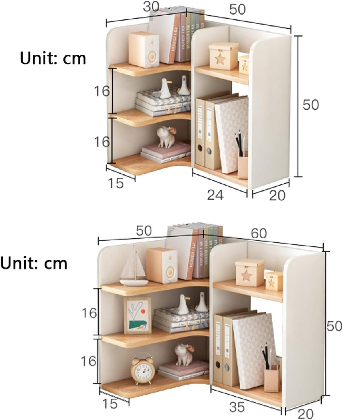 Bookshelf 3 Tier Desktop Bookshelf Wood Desktop Organizer Freestanding Countertop Bookcase Office Kitchen Corner Shelf Unit ，White+Log Color Bookcase Bookcase freestanding