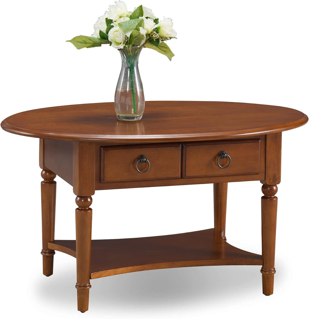 Leick Home Coastal Coffee Table, Solid Wood, Oval, with Drawer and Shelf, Pecan Brown, 20044-PC