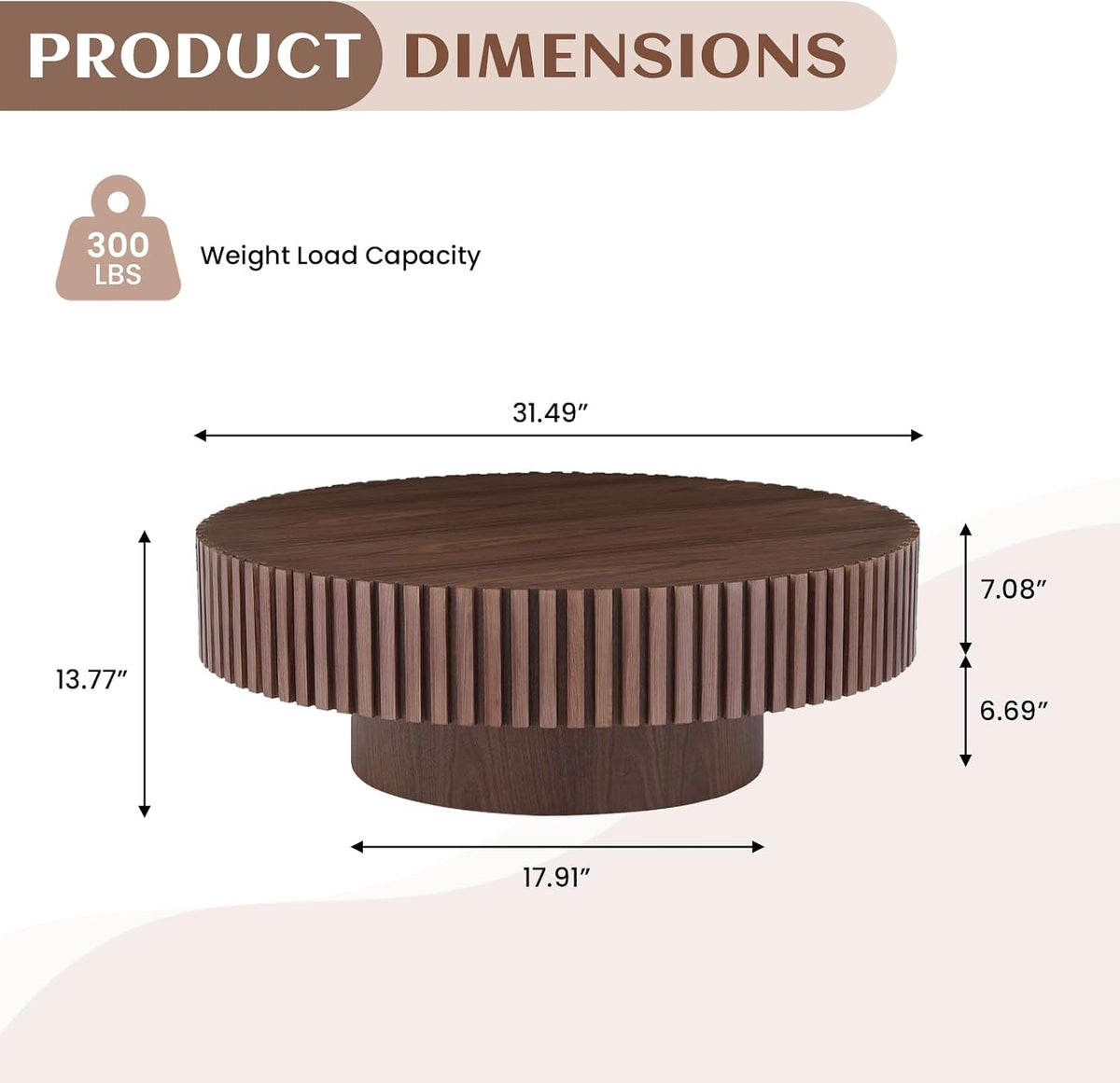 31.49' Walnut Coffee Table Round Wood, Modern Unique Fluted Tea Table, Contemporary Drum Circle Accent Center Table for Living Room, Small Space, Apartment