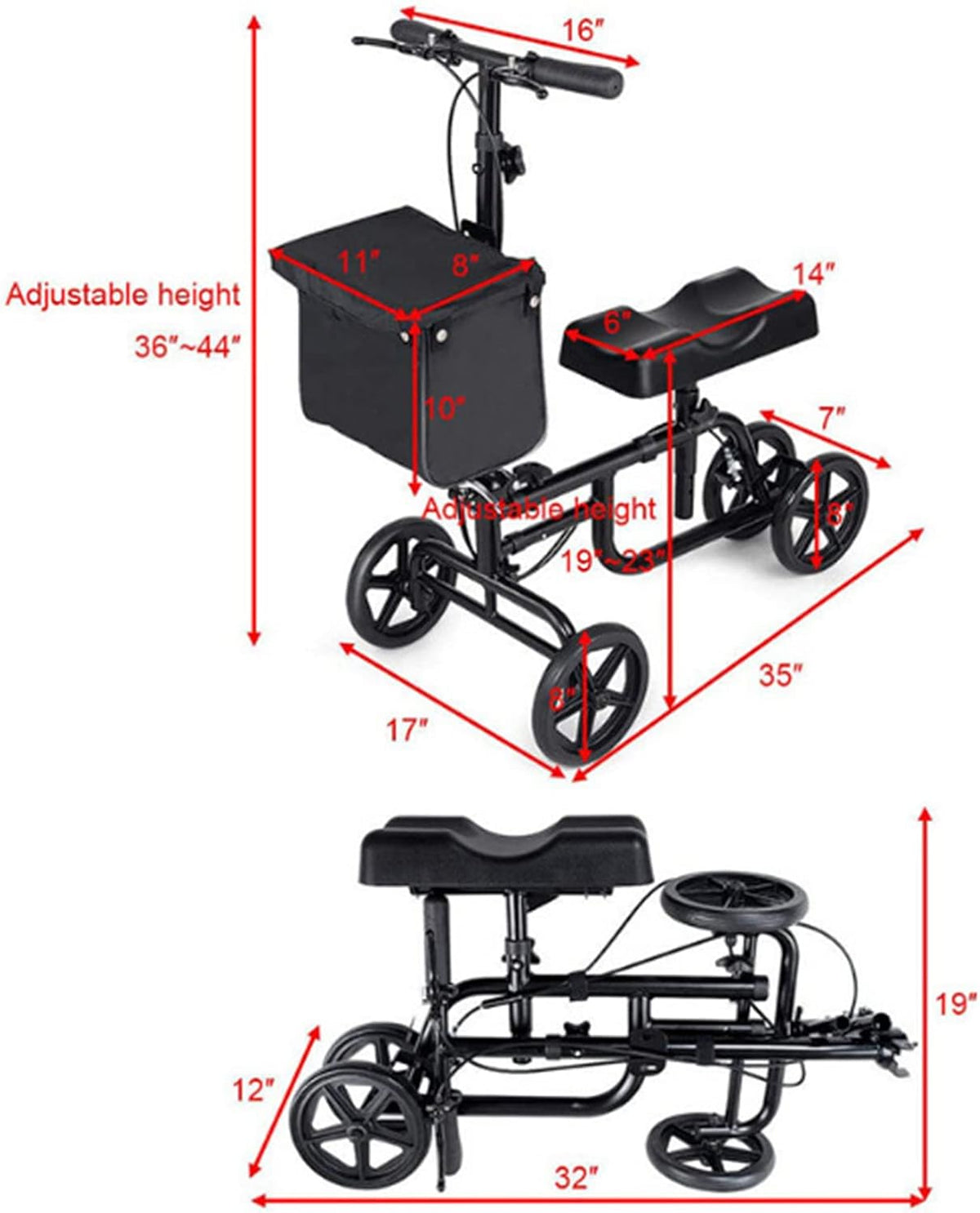 Mobility Walker Knee Walker Folding Walker for Elderly Lightweight for Seniors Disability Aids Rollator Walker Adjustable with Wheels Basket(