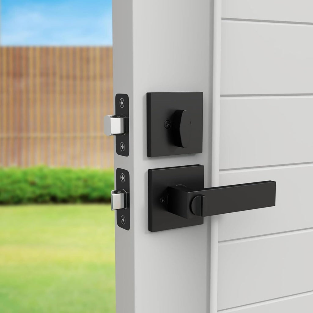 Mega Handles ROBELL Entrance Combo, Entry Lever Door Handle & Single Cylinder Deadbolt Lock & Key Pack, Heavy Duty Door Levers Set for Left or Right-Handed Doors - Matte Black (2 Pack) Keyed Alike