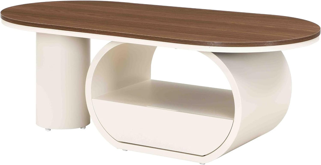 Coffee Table of 2,Oval Central Table with Wood/Marble Grain Top and Drawer,Modern Tea Table for Living Room Bedroom
