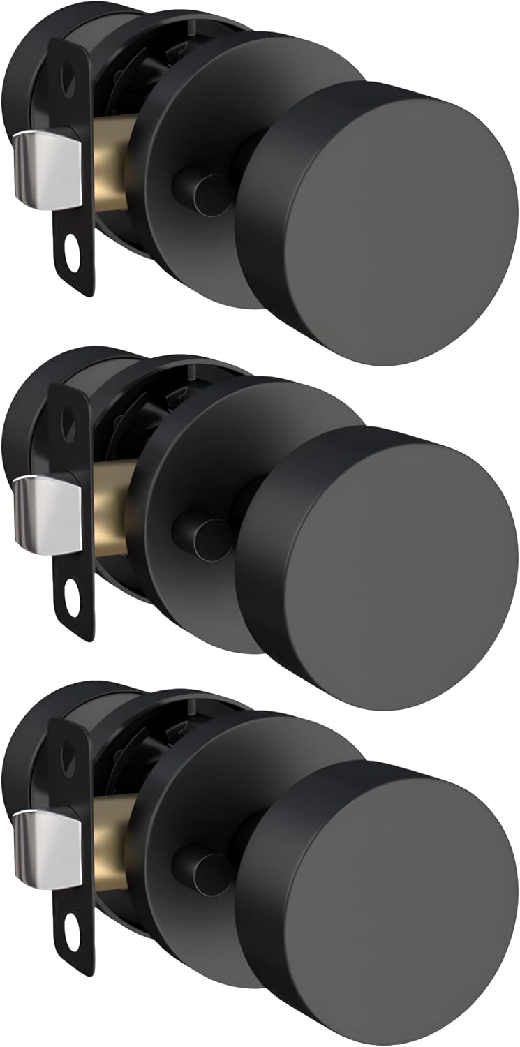 Mega Handles Buena Privacy Door Knobs - 3 Pack Reversible Interior Matte Black Door Knob, Heavy Duty Bed and Bath Door Knobs with Privacy Lock, Fits All Standard Door Sizes - Matte Black