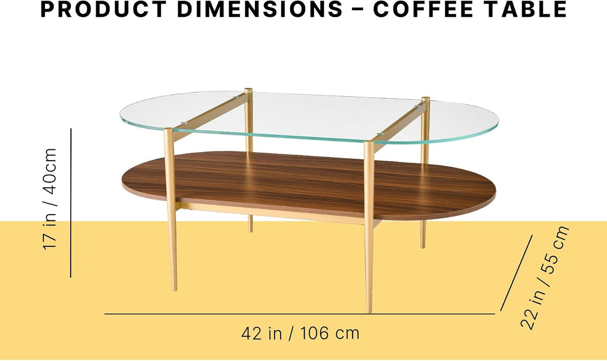 AGV LIGHTING Oval Rectangle Coffee Table with Clear Glass Top, 2 Tier Mid-Century Modern Coffee Table, Walnut MDF Shelf and Glod Metal Legs, Capsule Shape Coffee Table for Living Room, 42 Inch