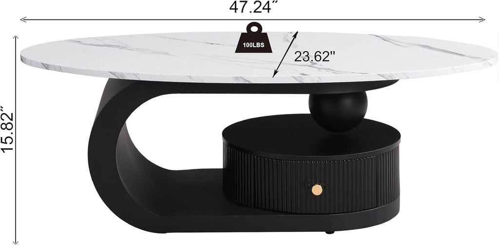 Modern Nesting Coffee Table Set of 2, Oval and Round Coffee Table Set for Living Room, Faux Marble Coffee Table and Round End Table, Luxury Living Room Accent Table for Apartment (Black with Drawer)
