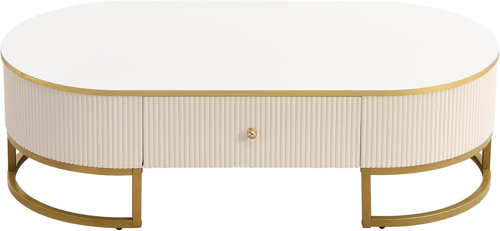 Coffee Table for Living Room, Modern Oval Shaped Coffee Table Set with 2 Drawers & Gold Metal Decor, Contemporary Luxury Cocktail Table Center Table for Office (White & Gold)