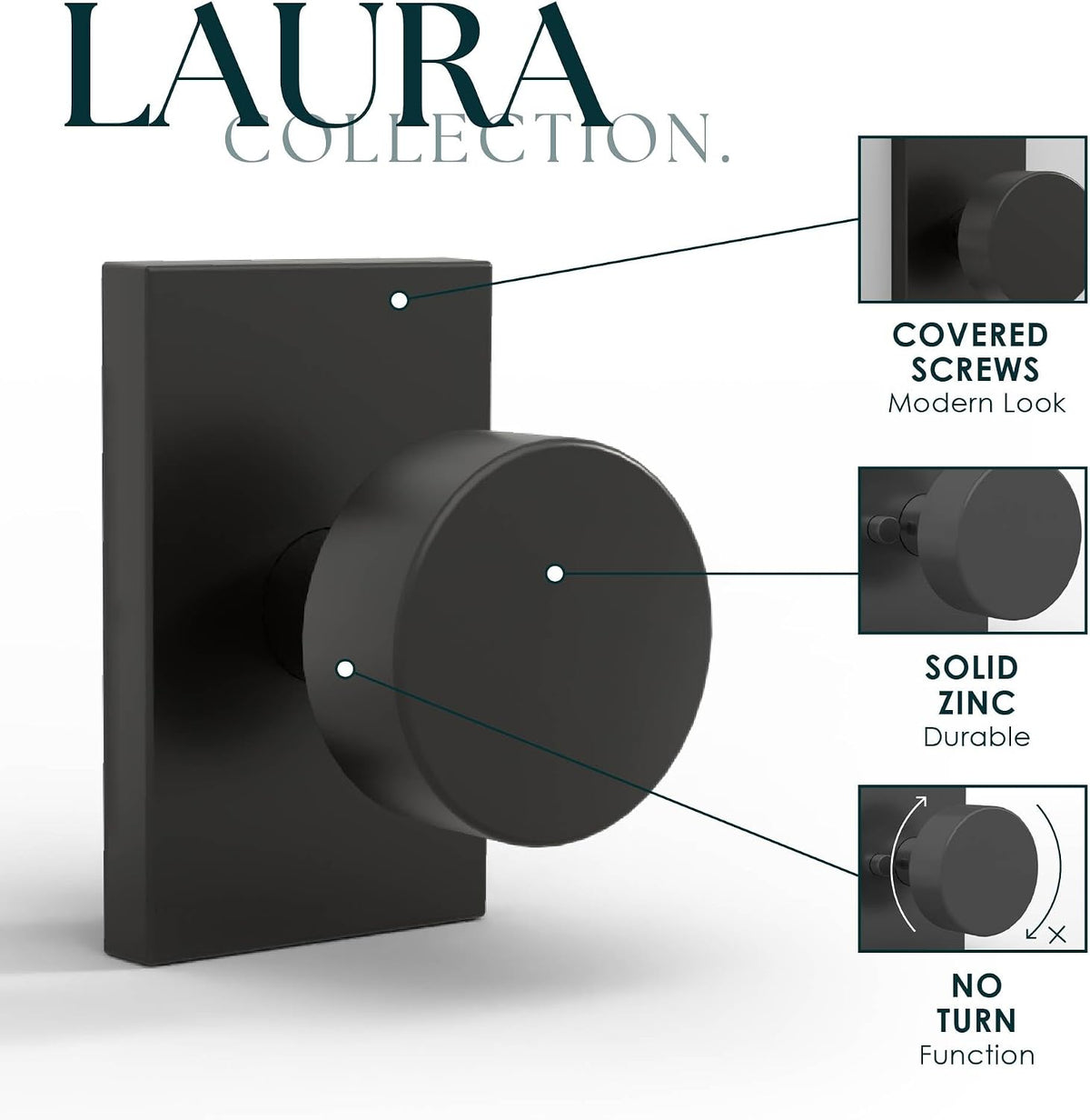 Mega Handles Laura Dummy Door Knob - 6 Pack Heavy Duty Dummy Door Knobs, Non-Turning Matte Black Door Knob for Closet & French Doors, Single Side, Fits All Standard Door Sizes - Matte Black