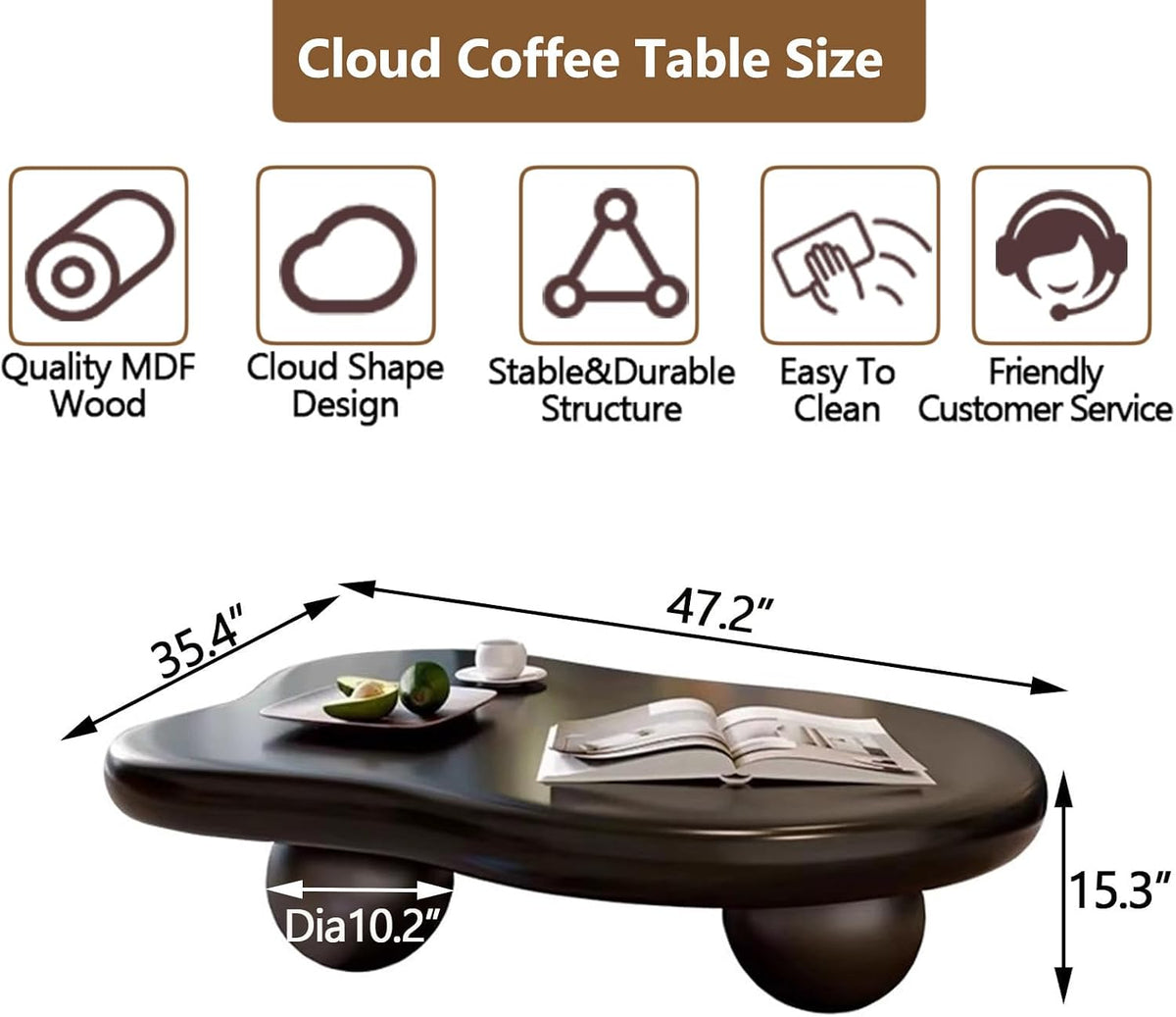 Cloud Coffee Table Modern Cute Coffee Tables Irregular Simple Tea/Center Table for Small Space End Table for Living Room, Home Office, Indoor (Irregular Shape Black 47' Wx35.4 Dx15.3 H)