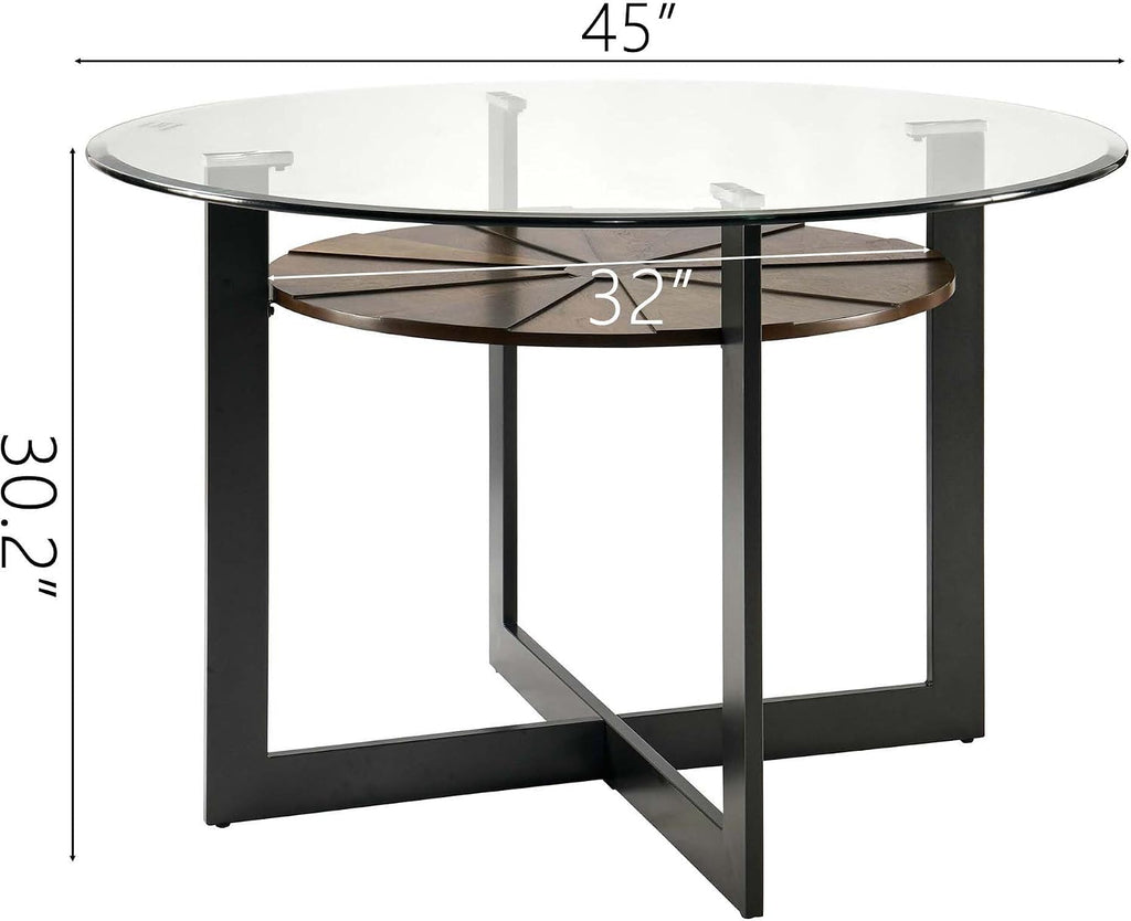 Round 45' Dining Table with 10mm Tempered Glass Top, Circle Dinner Pedestal Table for Dining Room Modern Industrial Kitchen Tables with Wood Brown Shelf and Black Metal Leg Easy Assembly CZ-B2616