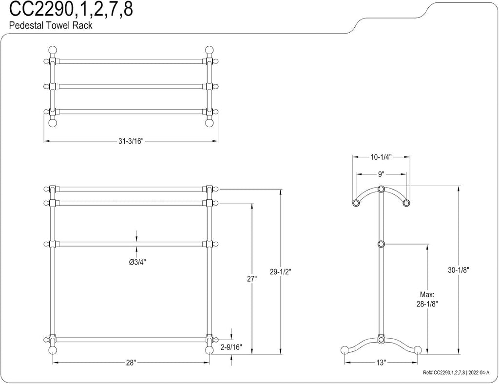 Kingston Brass CC2298 Vintage Freestanding -Towel Rack, 29-1/2-Inch Height, 28-Inch Width, Brushed Nickel