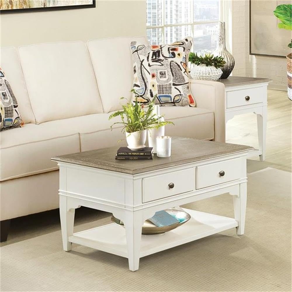 BOWERY HILL Contemporary Storage Coffee Table, 36' x 24' x 19', Hardwood Solids and Oak Veneer, Natural Finish, Two Drawers, Fixed Bottom Shelf, Removable Casters, Living Room Indoor Use