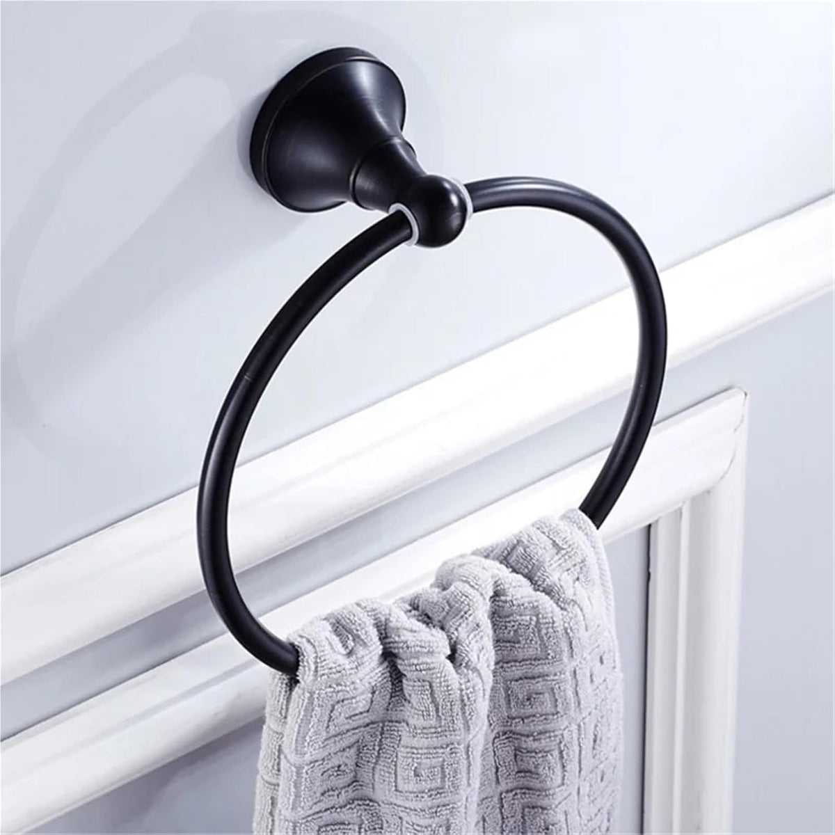 Black Brass Bathroom Accessories Hardware Set Towel Bar Rail Rack Toilet Paper Holder Shower Soap Dish(Round Towel Ring)