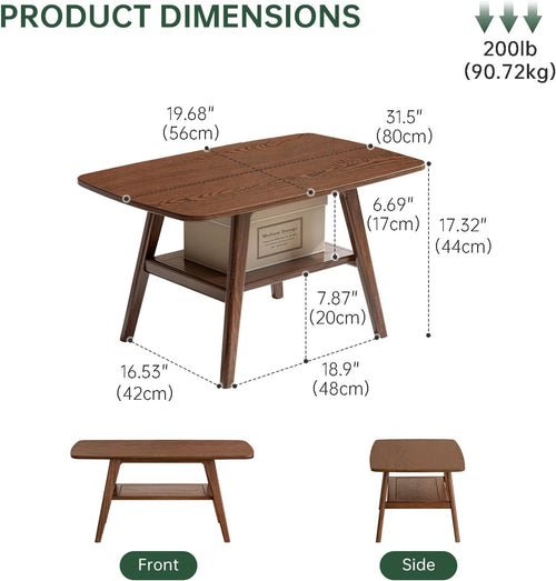 100% Solid Oak Wood Coffee Table for Living Room, 2-Tier Small Table with Storage Shelf, Mid Century Modern Coffee Tables (Walnut, 31.49' x 19.68' x 17.32')