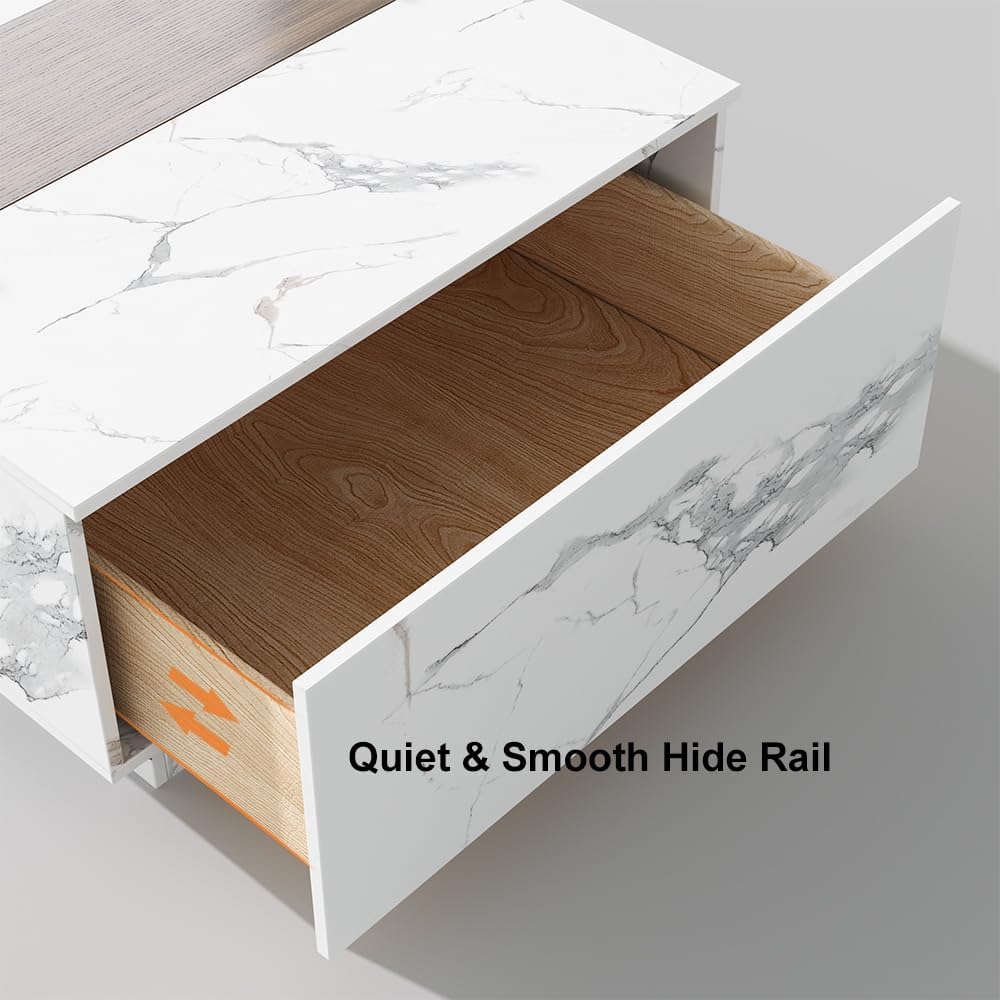 homary Marble & Walnut Coffee Table – Modern Block Design Living Room Center Table with 2 Storage Drawers, White Marble Veneer & Walnut Wood Veneer, Sturdy Base & Smooth Quiet Rails (White)
