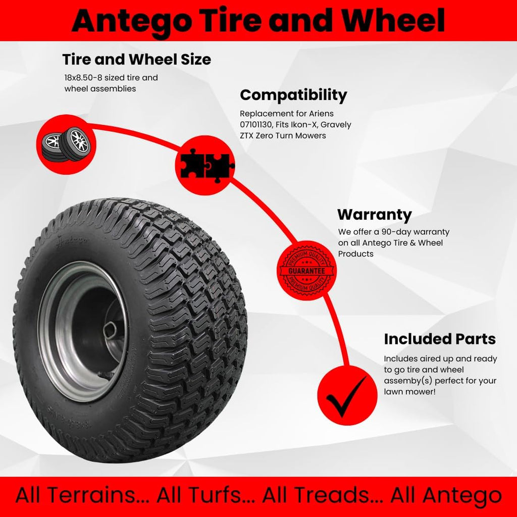 (Set of 2) 18x8.50-8 Tire wheel assy Ariens 07101130, Fits Ikon-X, Gravely ZTX Zero Turn Mowers