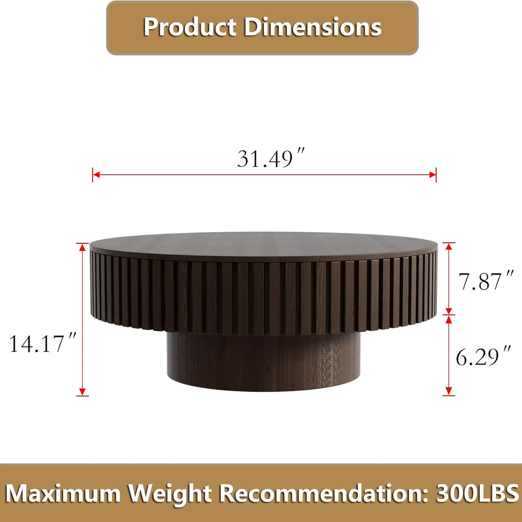 Round Handcraft Fluted Coffee Table with Sturdy Stable Pedestal Modern Luxury Drum Center Table Circle Accent Base Center Tables for Living Room Apartment (K)