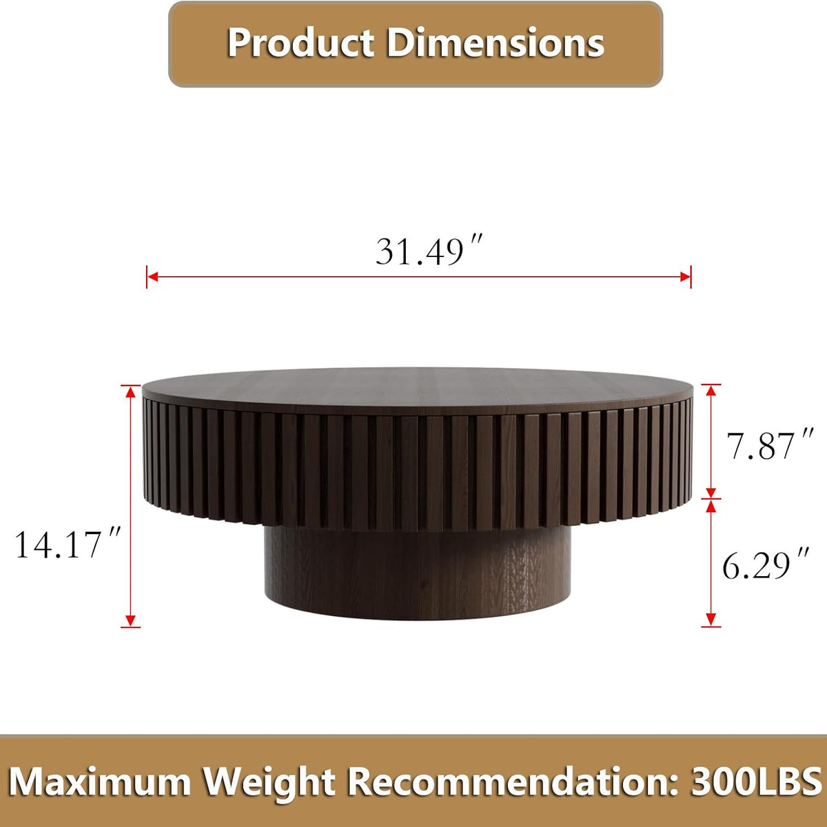 Round Handcraft Fluted Coffee Table with Sturdy Stable Pedestal Modern Luxury Drum Center Table Circle Accent Base Center Tables for Living Room Apartment (K)