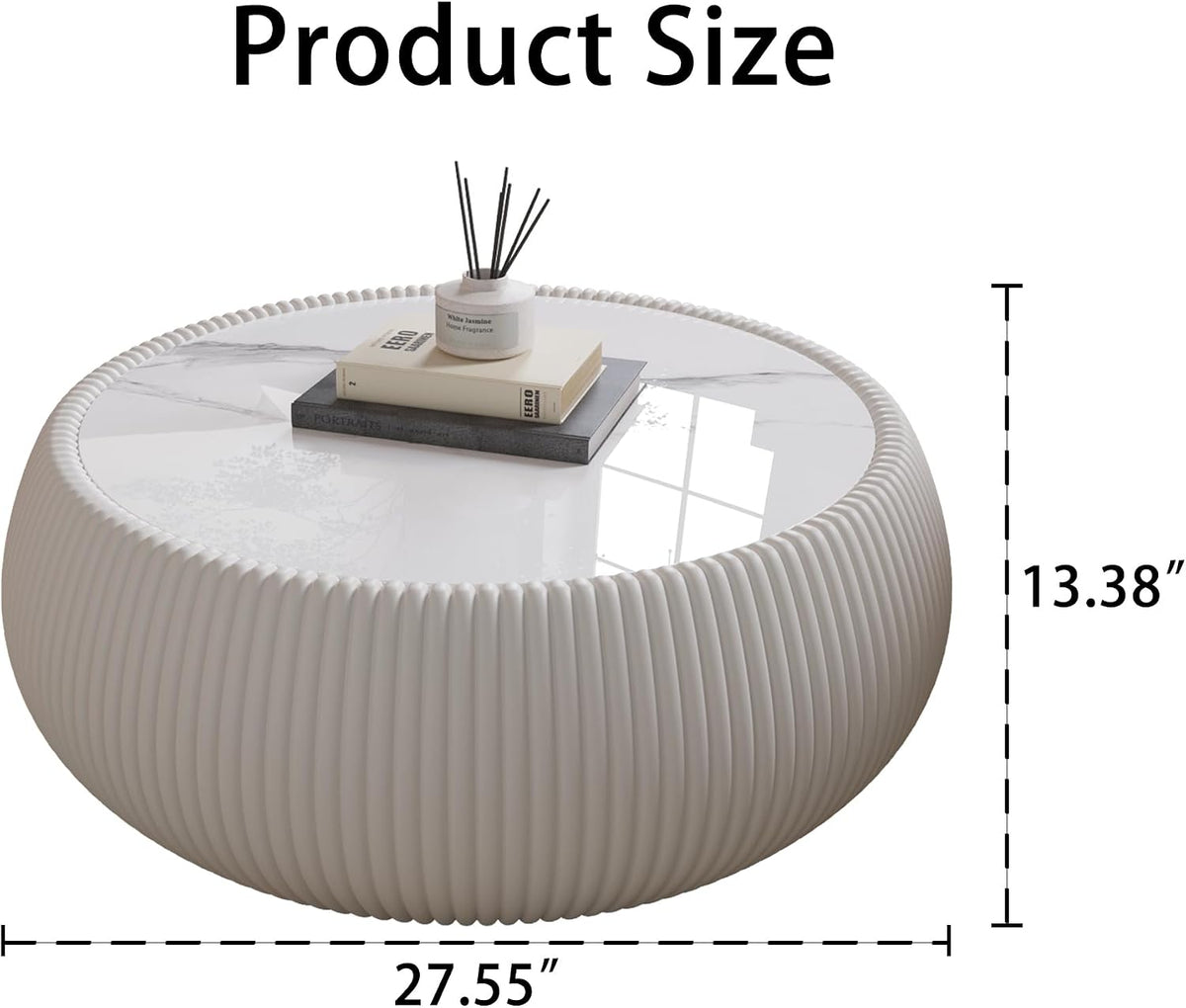 27.55' Round Coffee Table with Marble Top, Luxury Sintered Stone Coffee Table PU Leather Drum Center Tables Circle Cocktail Tea Table for Living Room Apartment No Assembly Cream White