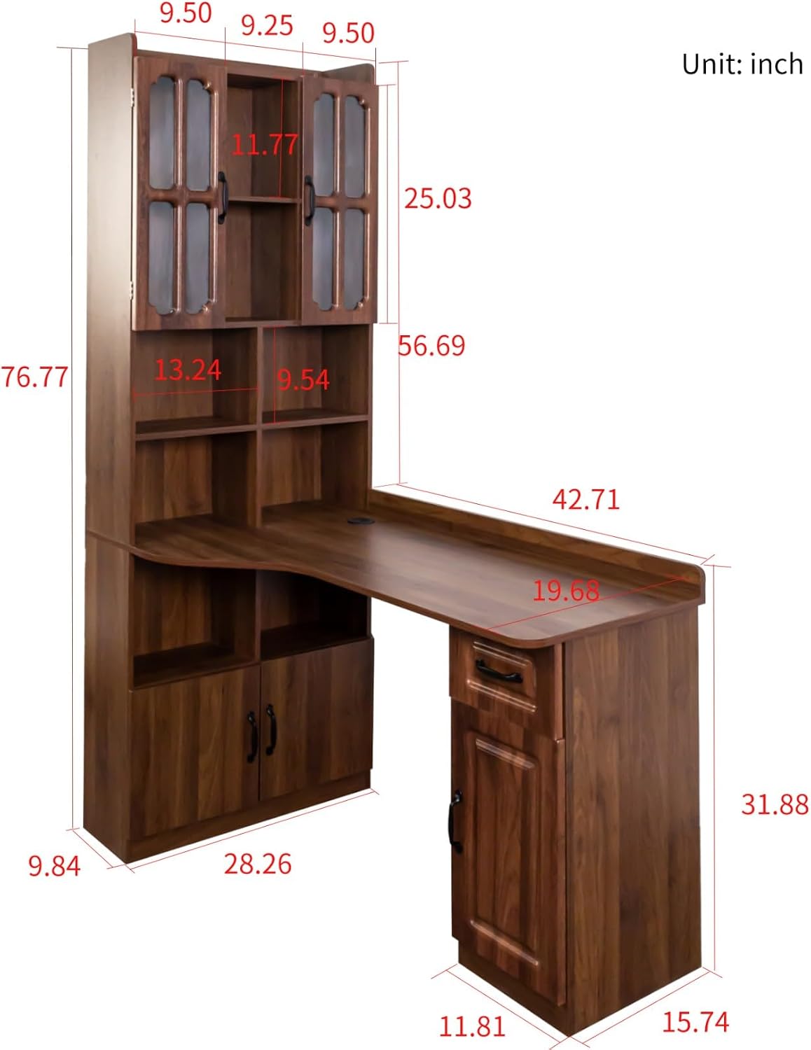 KEIKI Home Office Desks with Hutch, Drawers, Bookshelf, Storage Cabinet & Glass Doors, Modern Wooden Computer Corner Table for Work, Study, Writing