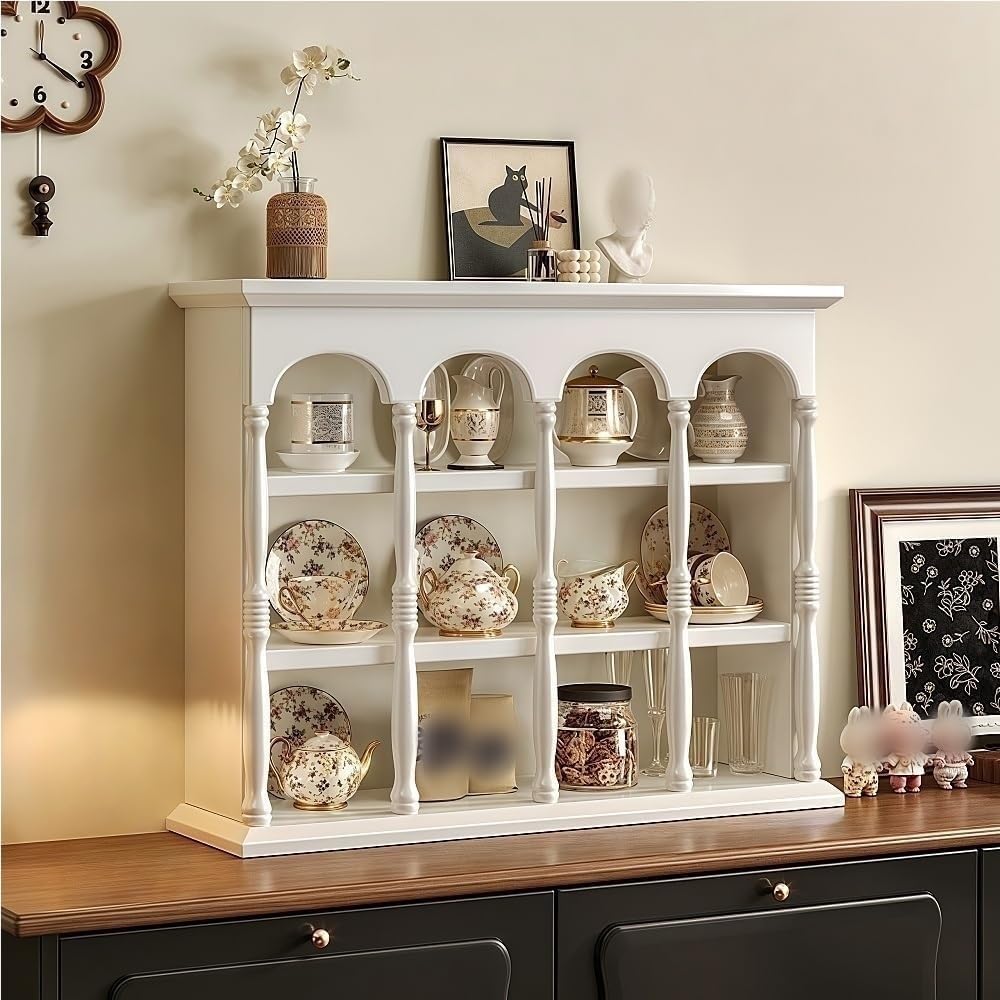 Rustic Coffee Mug Display Rack, Floating Solid Wood Mug Rack, Farmhouse Countertop Cup Holder, Space Saving Wall Mounted Vintage Kitchen Countertop Cup Organizer(White,23.6''x19.3''x5.9'')