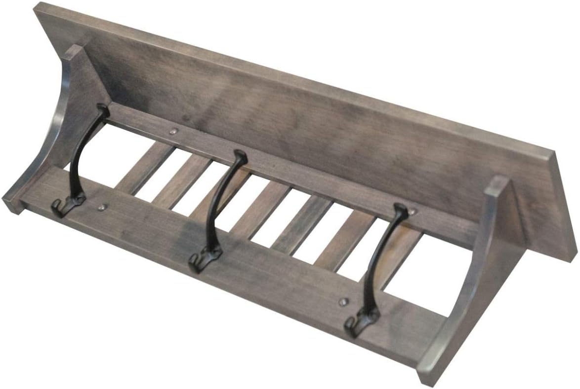 Rustic Red Door Mission Style Coat Rack Wall Mounted with Shelf, Entryway Wooden Hanger with 3 Wrought Iron Hooks for Jacket, Towel or Hat, Farmhouse Decor, 32.5' Brown Maple Wood, Antique Slate Stain