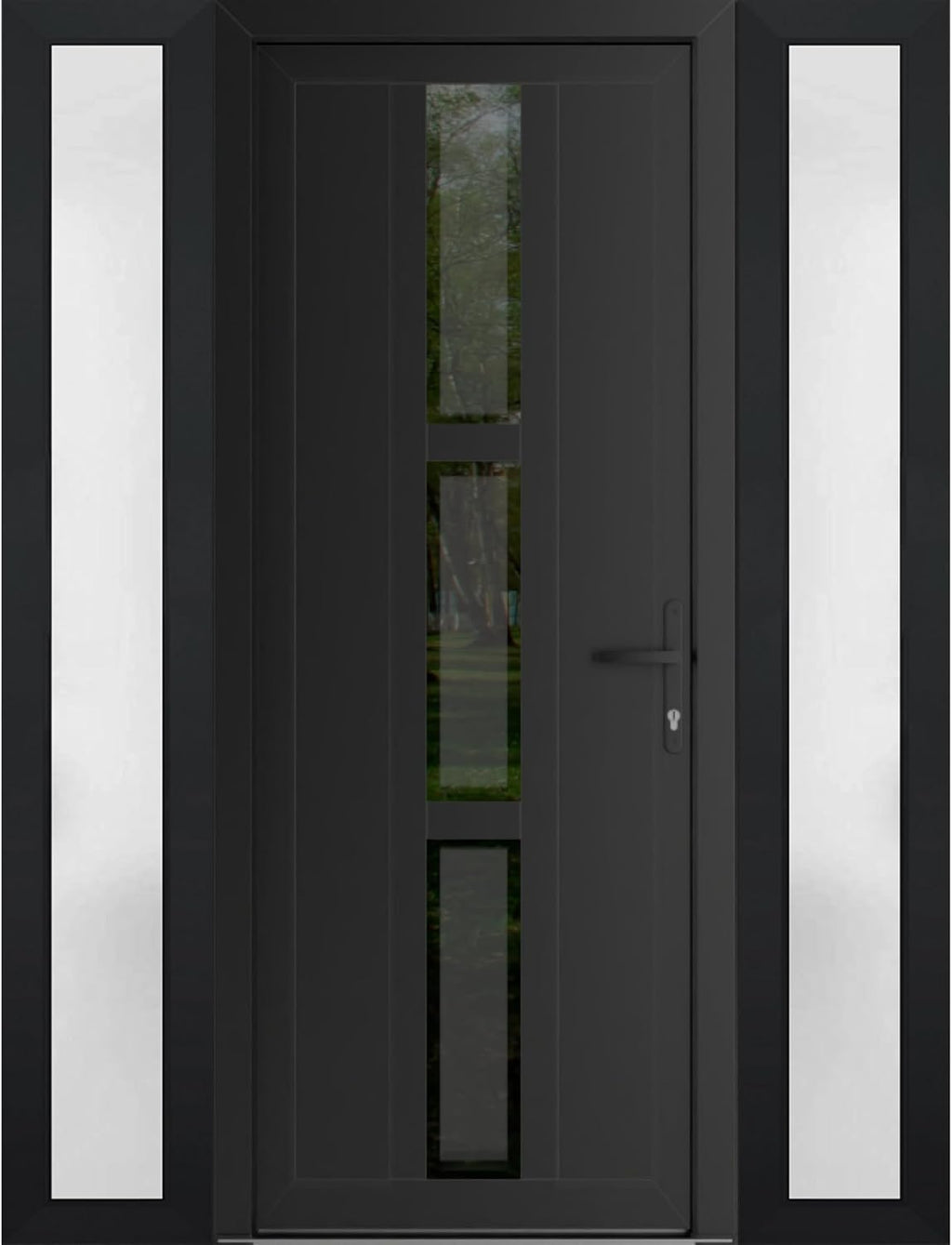 VDOMDOORS Front Exterior Prehung Metal-Plastic Door Frosted Glass | Manux 8112 Matte Black | 2 Side Sidelite Transoms | Residential Doors Entrance Patio Garage 64 x 80 (W14+36+14 x H80) Left-Inswing