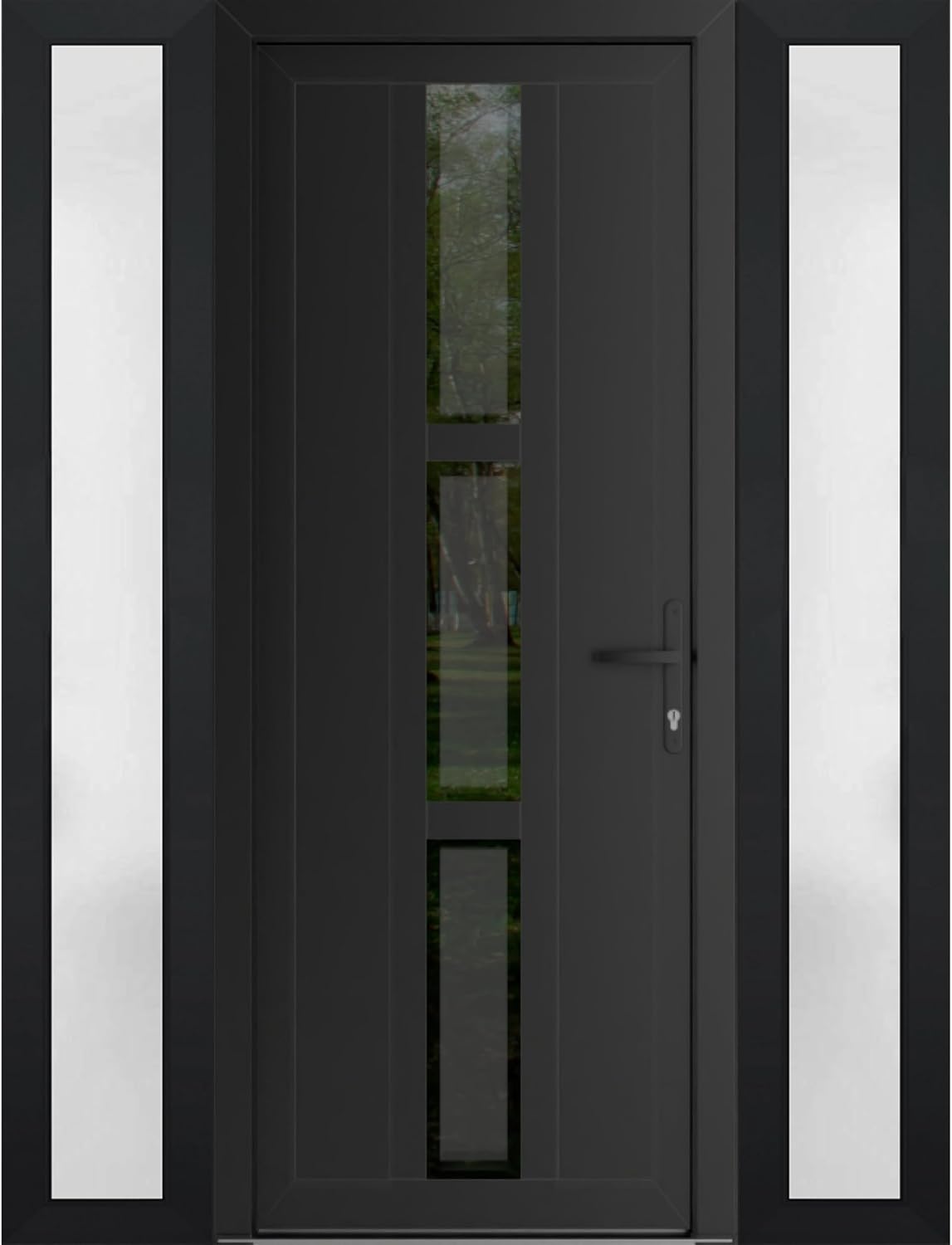 VDOMDOORS Front Exterior Prehung Metal-Plastic Door Frosted Glass | Manux 8112 Matte Black | 2 Side Sidelite Transoms | Residential Doors Entrance Patio Garage 64 x 80 (W14+36+14 x H80) Left-Inswing