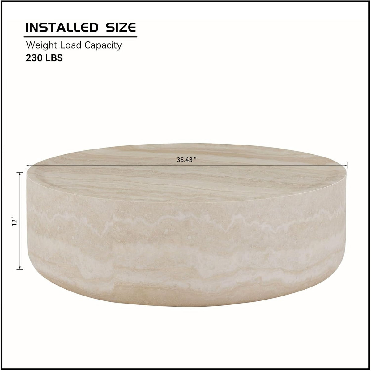 35.43' Faux Mars Pattern Round Coffee Table, Faux Travertine Textured Fiberglass Coffee Table for Living Room, No Assembly Required