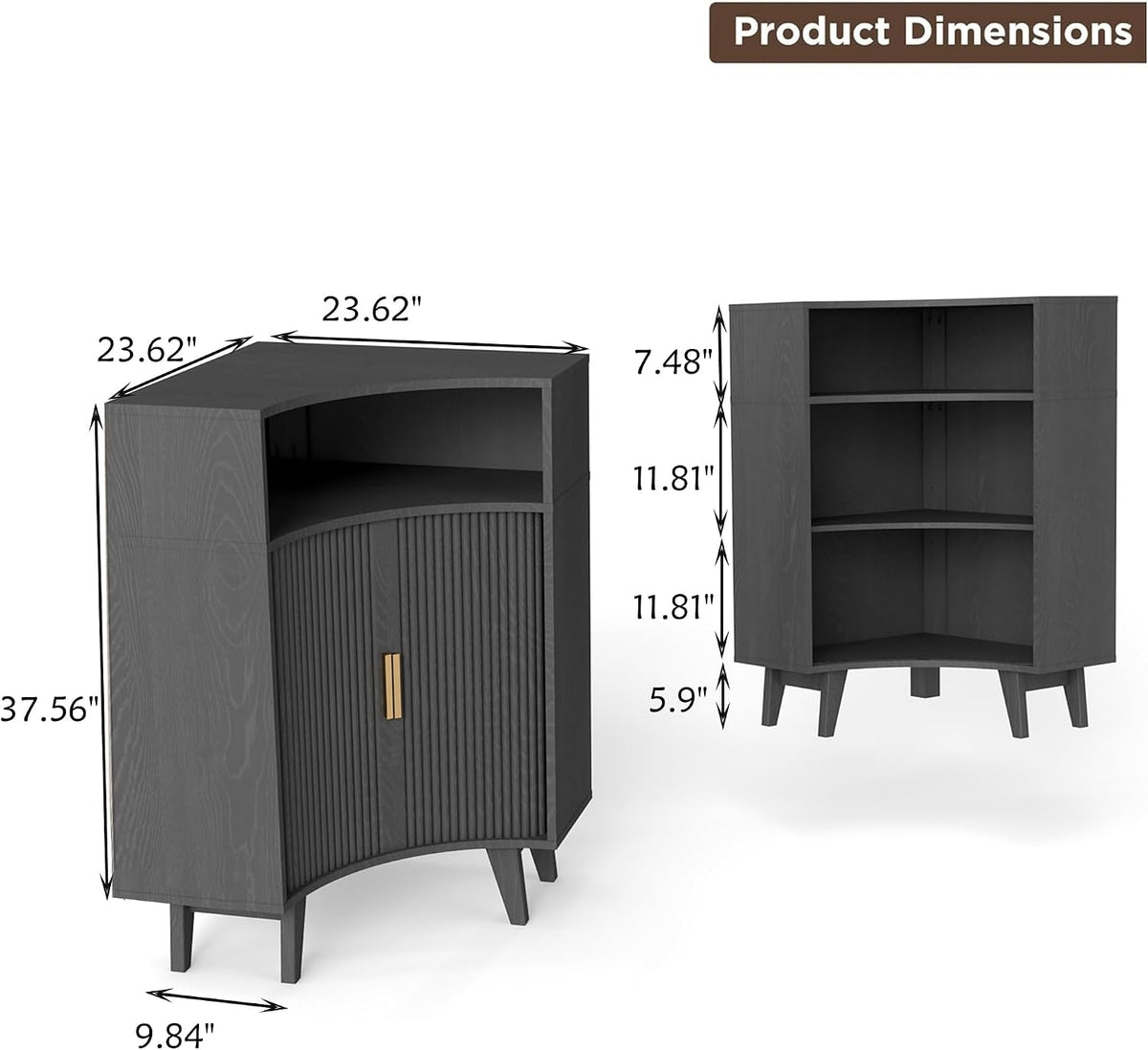 Fluted Corner Cabinet with Open Storage, Modern Floor Cabinets with Sliding Doors and 2-Tier Shelves, Freestanding Narrow Organizer for Small Space,Living Room, Dining Room,Black