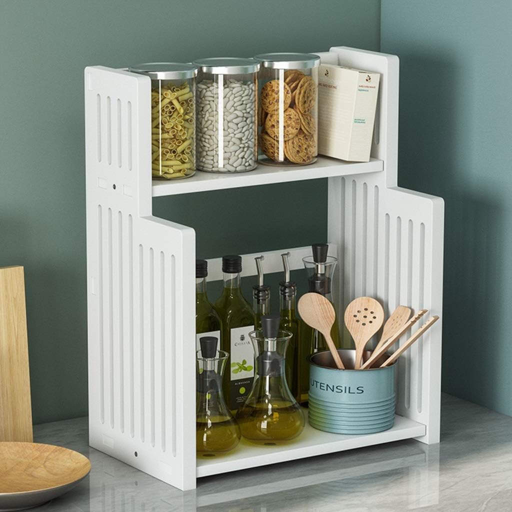 Bookshelf Wood Desktop Bookshelf Kitchen Shelf Seasoning Rack Multi-Layer Household Countertop Storage Rack Desk Organizer Display Shelf (Color : White, Size : 48cm)