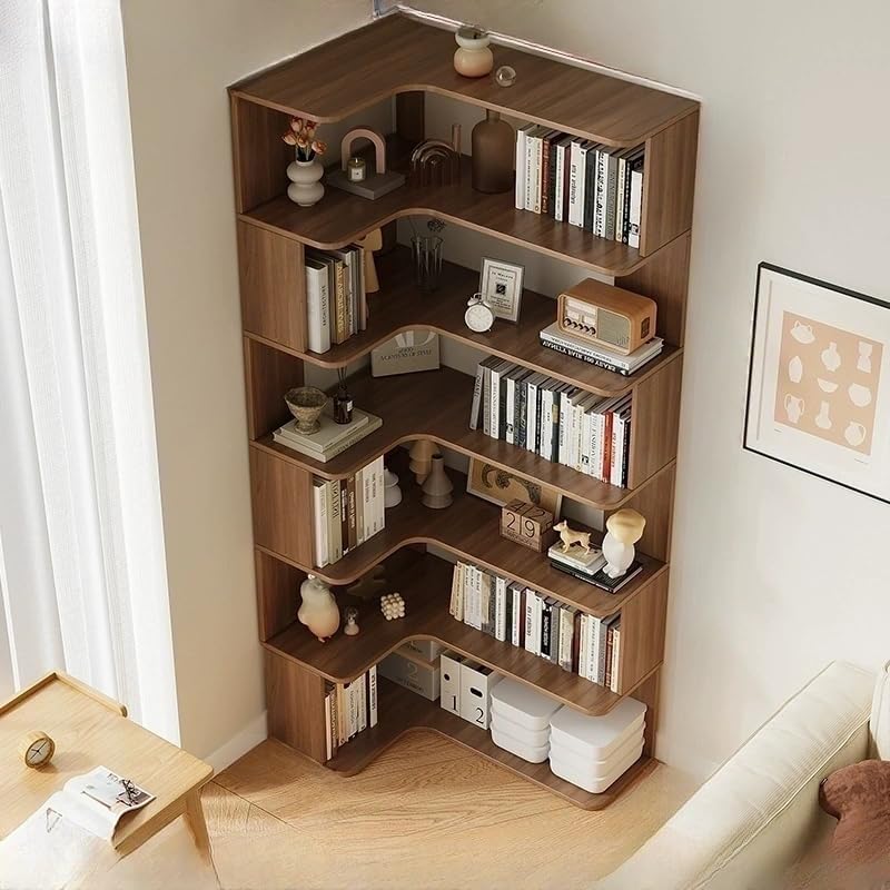 LITFAD Modern Vertical Corner Bookshelf Solid Wood Floor Bookcase with Shelves & Open Back Design Living Room Storage Shelves - Dark Walnut 24' L x 35' W x 75' H