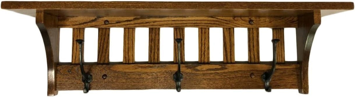 Rustic Red Door Co. Mission Style Coat Rack Wall Mounted with Shelf, Entryway Wooden Hanger with 3 Wrought Iron Hooks for Jacket, Towel or Hat, Farmhouse Decor, 32.5', Oak Wood, Michaels Stain