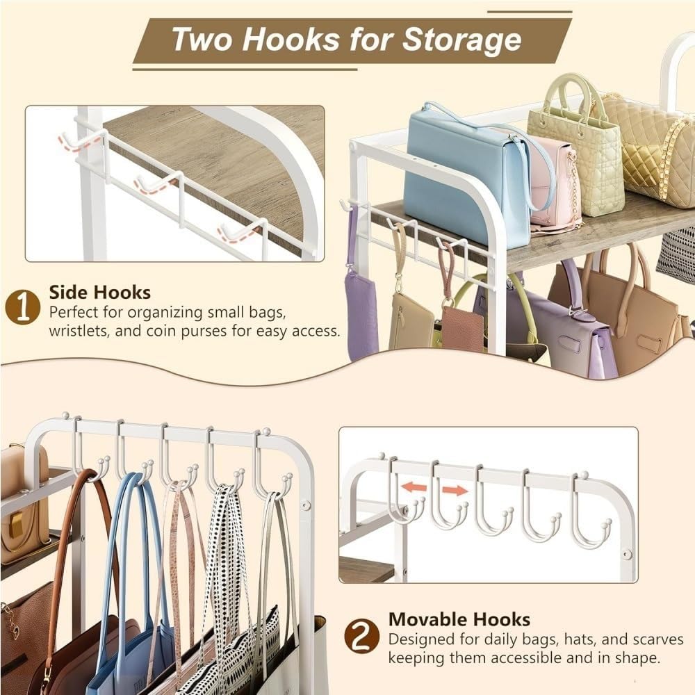 Large Capacity Mental Purse Organizer for Closet, Multifunctional 3-Tier Bag Rack with Hooks, Freestanding Handbag Storage for Cloakroom, Bedroom, Living Room