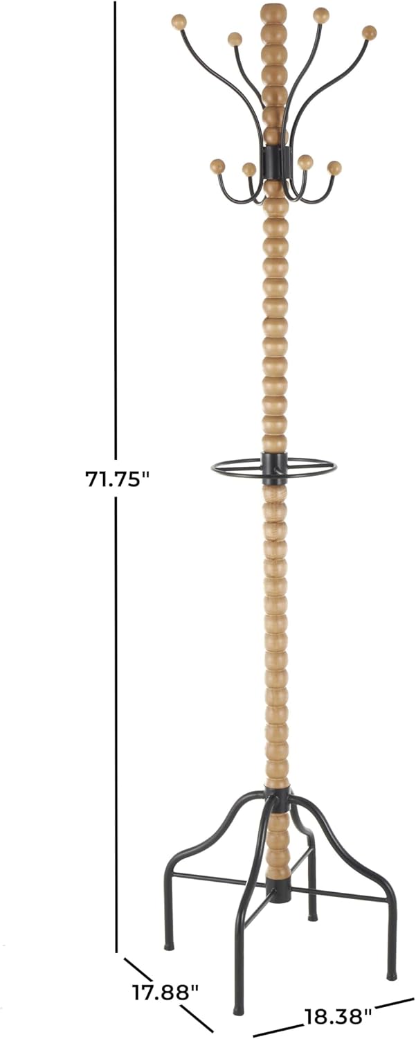 Deco 79 Wood Spindle 8 Hook Coat Rack with Black Metal Accents and Beaded Ends, 18' x 18' x 72', Brown
