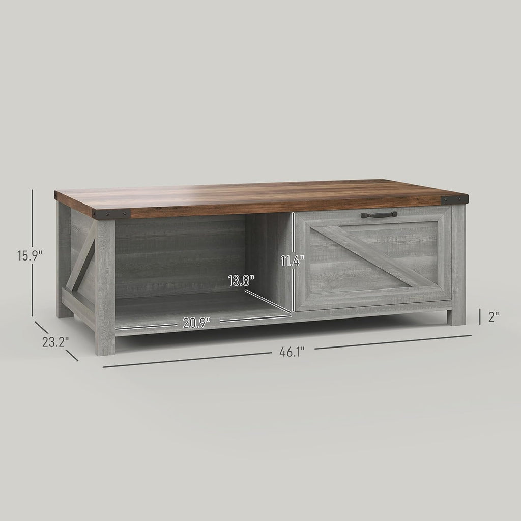 HOMCOM Farmhouse Coffee Table with Storage and Drawer, Rustic Coffee Table for Living Room, Open Shelf, Distressed Gray