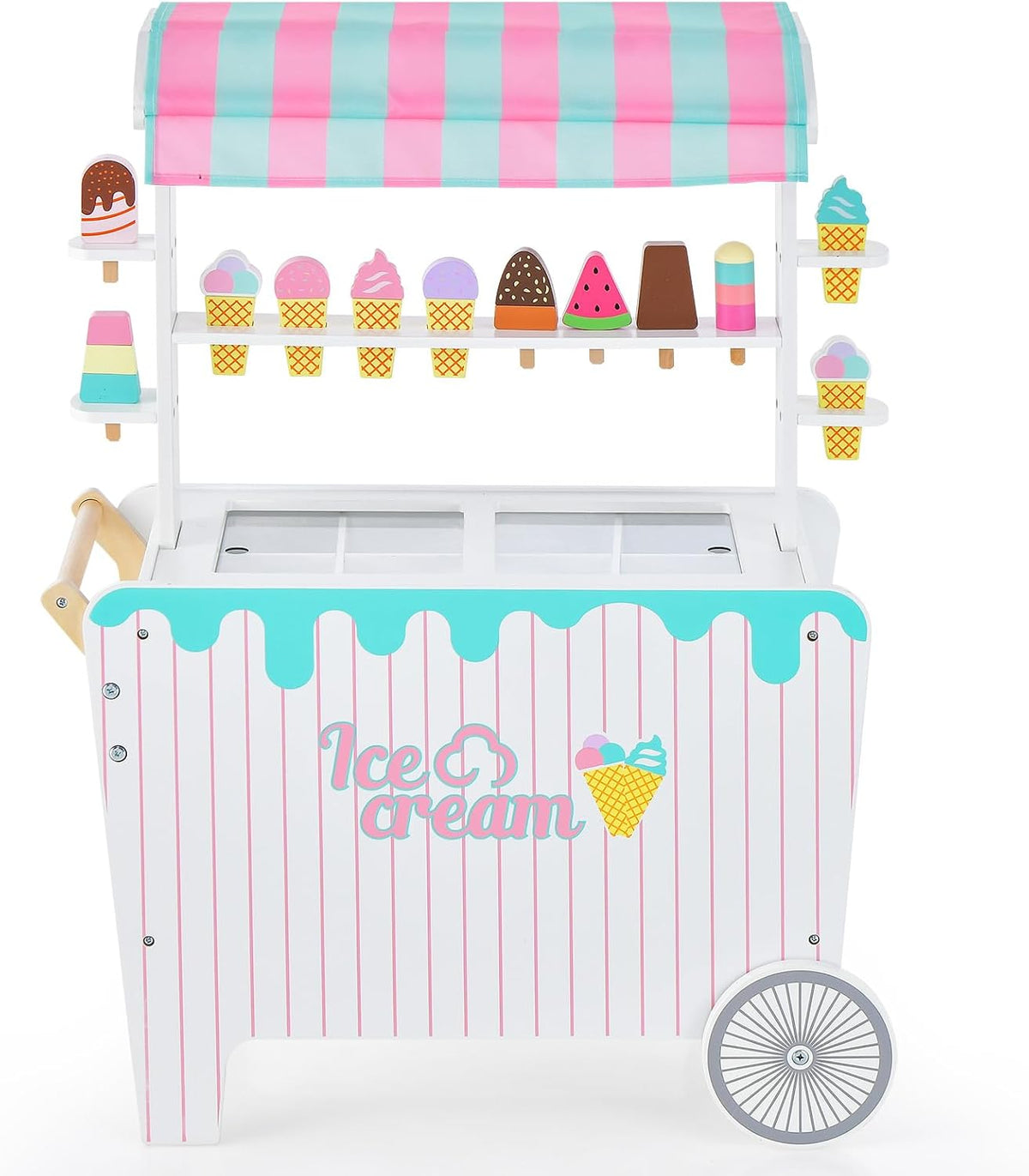 Costzon Ice Cream Cart Playset, Wooden Grocery Store w/Display Rack & Shelves, Frozen Compartment, 2 Large Wheels, Push Handle, 16 PCS Play Food, Toddler Ice Cream Trunk Toy Set for Boys Girls 3+