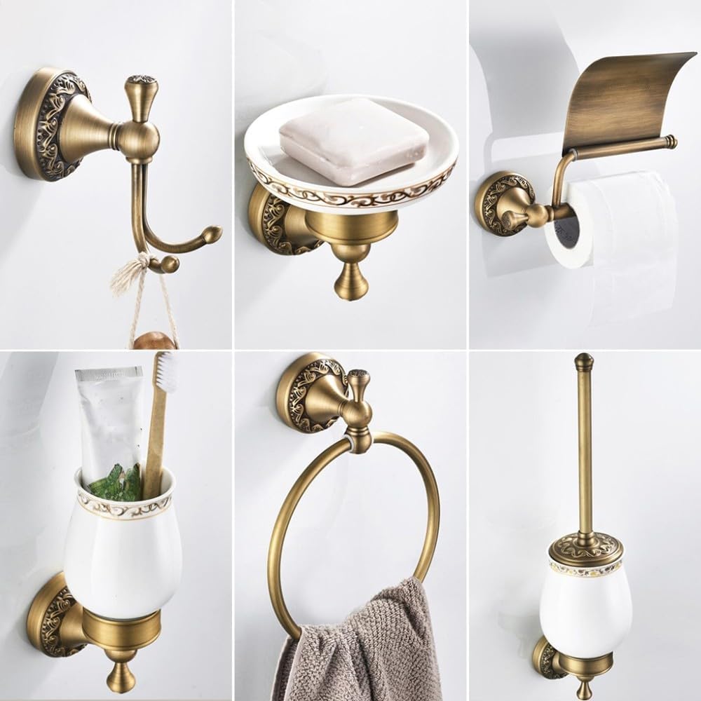 Antique Brass Bathroom Accessories Hardware Set Towel Bar Rail Rack Toilet Paper Holder Toilet Brush Shower Soap Dish Holder,Double Tumbler