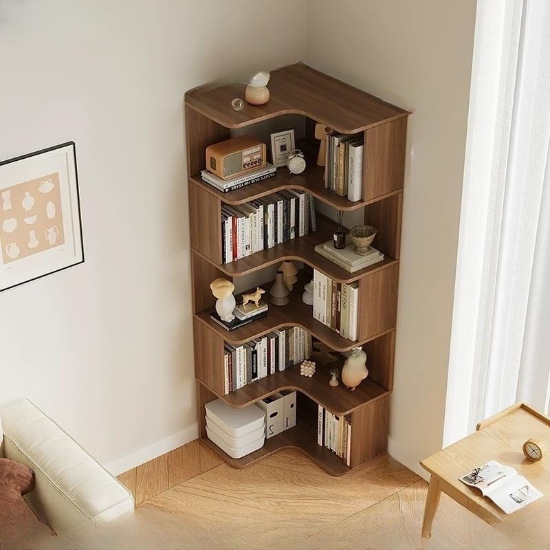 LITFAD Modern Vertical Corner Bookshelf Solid Wood Floor Bookcase with Shelves & Open Back Design Living Room Storage Shelves - Dark Walnut 24' L x 24' W x 63' H