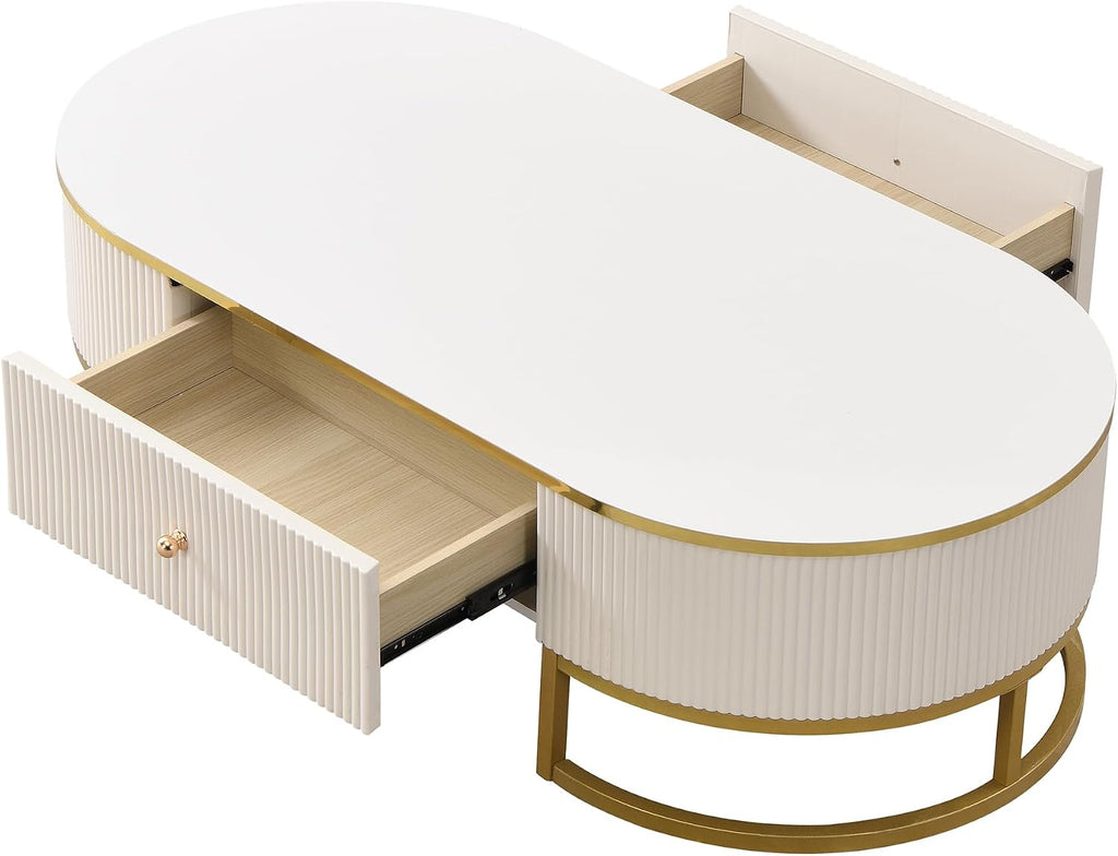 Coffee Table for Living Room, Modern Oval Shaped Coffee Table Set with 2 Drawers & Gold Metal Decor, Contemporary Luxury Cocktail Table Center Table for Office (White & Gold)