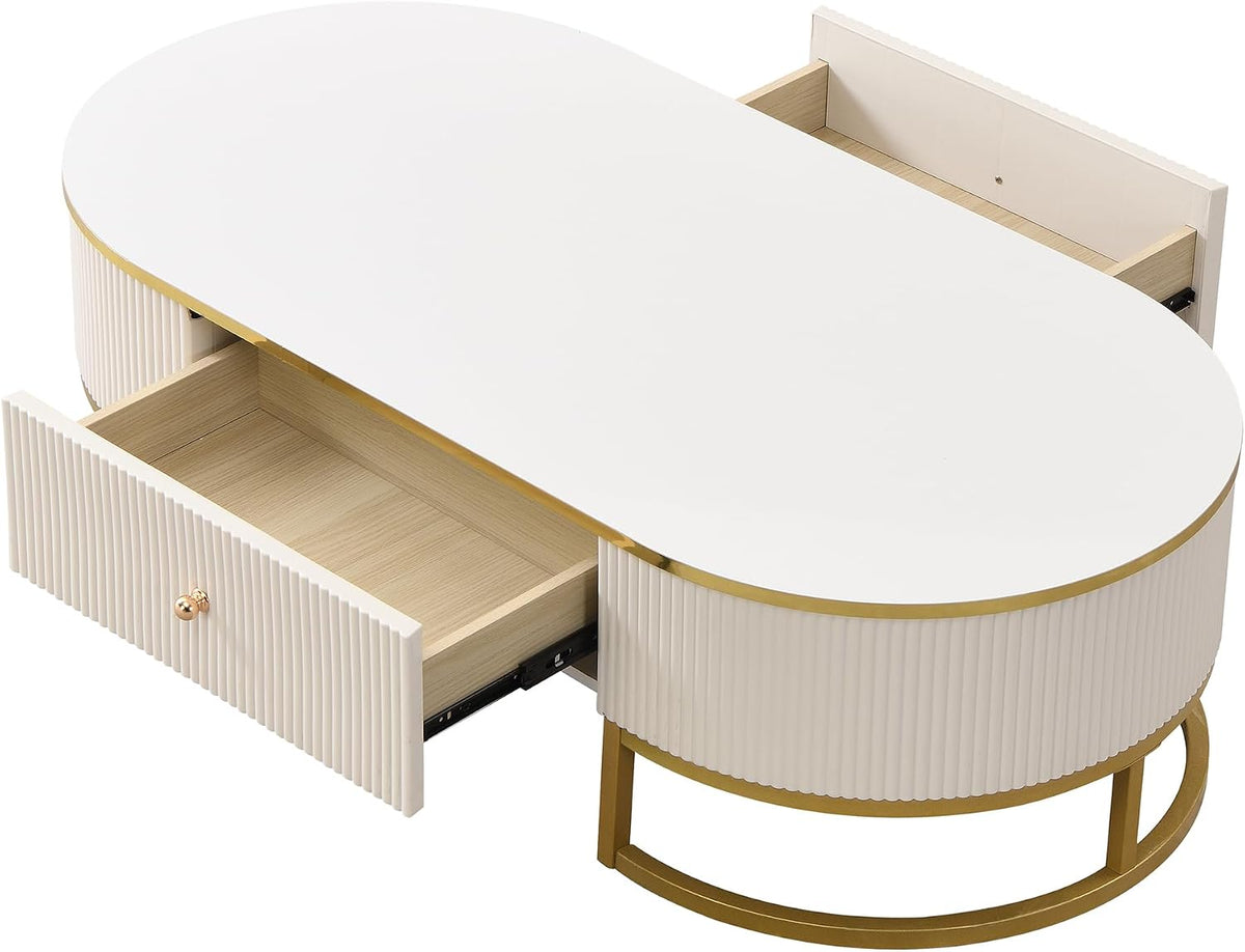 Coffee Table for Living Room, Modern Oval Shaped Coffee Table Set with 2 Drawers & Gold Metal Decor, Contemporary Luxury Cocktail Table Center Table for Office (White & Gold)