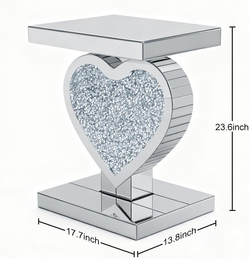 Pregaspor Silver Mirrored End Table, Crystal Inlay Heart Shape Side Table Accent Table, Small Mirrored Coffee Table for Living Room, Bedroom, Corner, 24' H