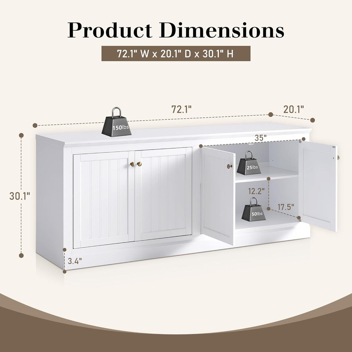 AMERLIFE 72' Farmhouse Sideboard Buffet Cabinet with Barn Doors, Storage Console Table with Adjustable Shelves, Coffee Bar/TV Stand for Living Room, Kitchen, Entryway, White