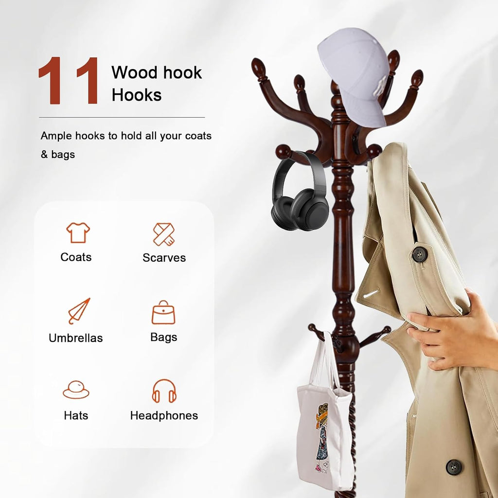 Wooden Coat rack freestanding, Coat racks stand with 11 Hook, Heavy duty coat tree standing 2 Adjustable Heights for Bedroom, Entryway, Hallway, Office,Stury Base (Brown disc)